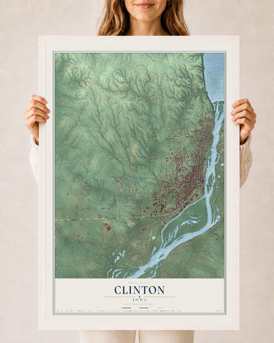 Map of Clinton, Iowa, 24 x 36 inch print in a white wood frame