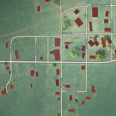 Close-up of the map of Clio, Iowa print showing street and building detail