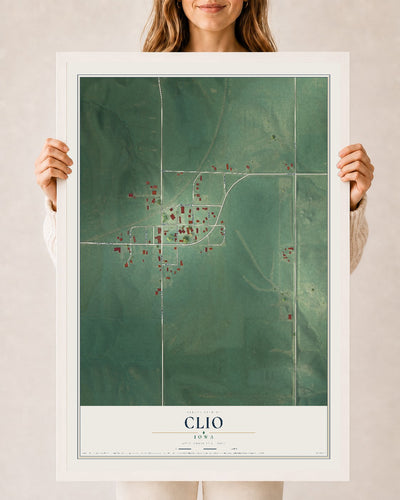 Map of Clio, Iowa, 24 x 36 inch print in a white wood frame