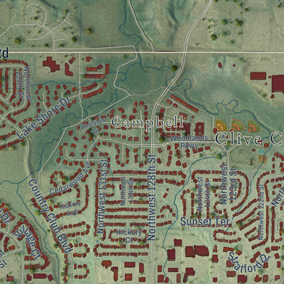 Close-up of the map of Clive, Iowa print showing street and building detail