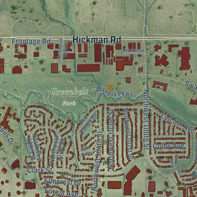Second close-up of the map of Clive, Iowa print showing more streets and buildings