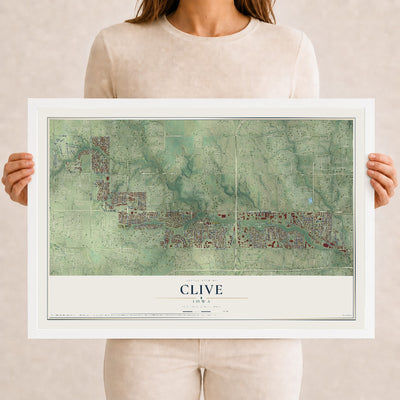 Map of Clive, Iowa, 12 x 18 inch print in a white wood frame