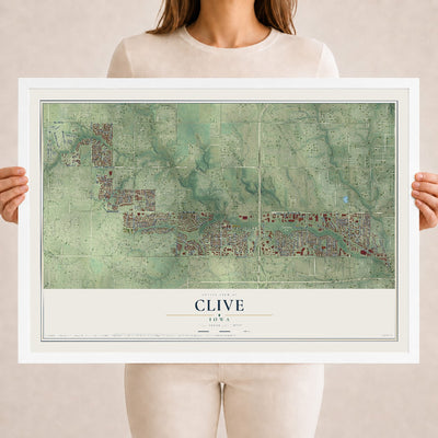 Map of Clive, Iowa, 18 x 24 inch print in a white wood frame