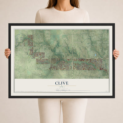 Map of Clive, Iowa, 24 x 36 inch print in a black wood frame