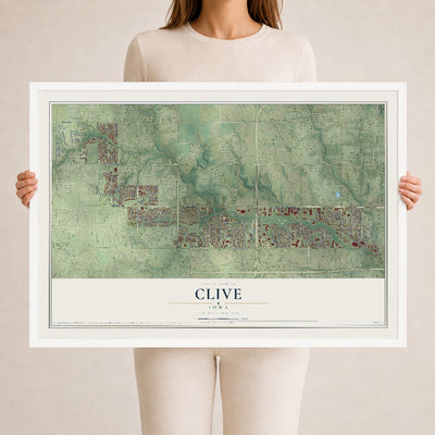 Map of Clive, Iowa, 24 x 36 inch print in a white wood frame