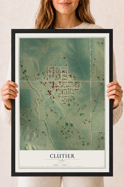 Map of Clutier, Iowa, 18 x 24 inch print in a black wood frame