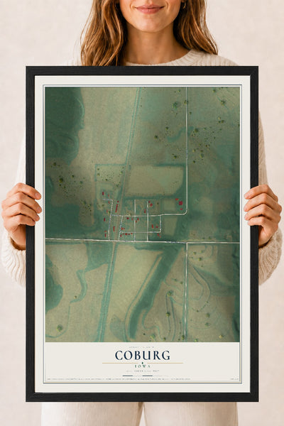 Map of Coburg, Iowa, 18 x 24 inch print in a black wood frame