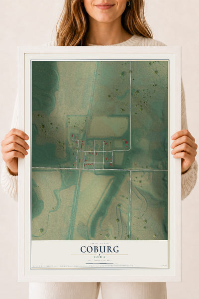 Map of Coburg, Iowa, 18 x 24 inch print in a white wood frame