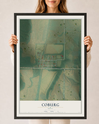 Map of Coburg, Iowa, 24 x 36 inch print in a black wood frame