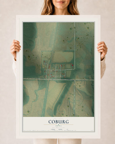 Map of Coburg, Iowa, 24 x 36 inch print in a white wood frame