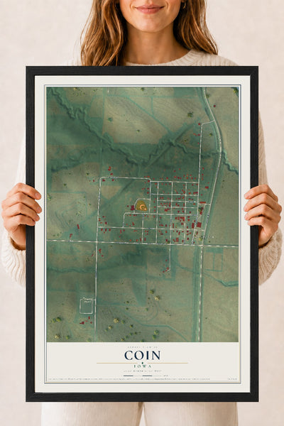 Map of Coin, Iowa, 18 x 24 inch print in a black wood frame