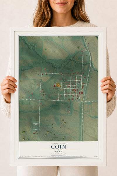Map of Coin, Iowa, 18 x 24 inch print in a white wood frame