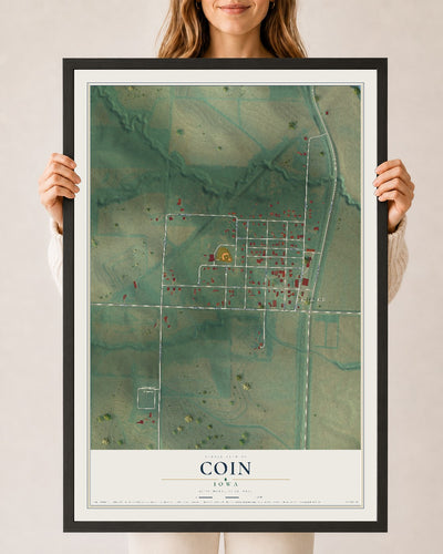 Map of Coin, Iowa, 24 x 36 inch print in a black wood frame