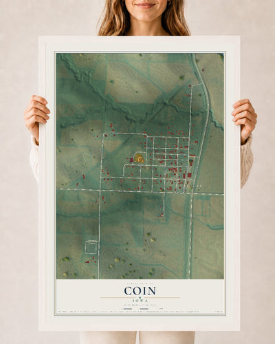 Map of Coin, Iowa, 24 x 36 inch print in a white wood frame