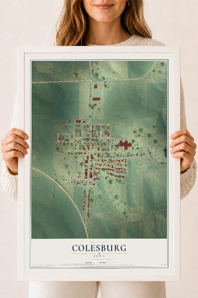 Map of Colesburg, Iowa, 18 x 24 inch print in a white wood frame