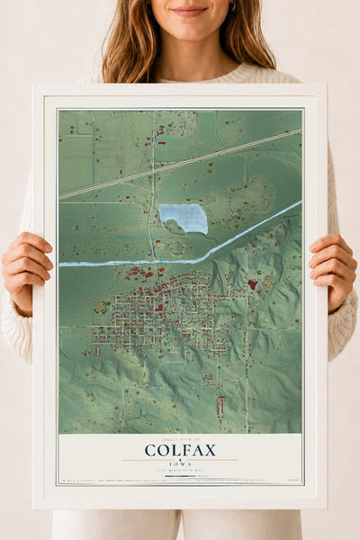 Map of Colfax, Iowa, 18 x 24 inch print in a white wood frame