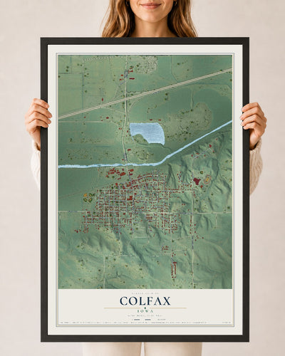 Map of Colfax, Iowa, 24 x 36 inch print in a black wood frame