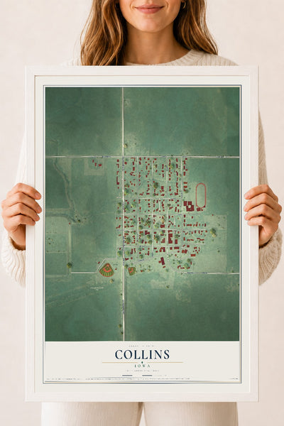 Map of Collins, Iowa, 18 x 24 inch print in a white wood frame