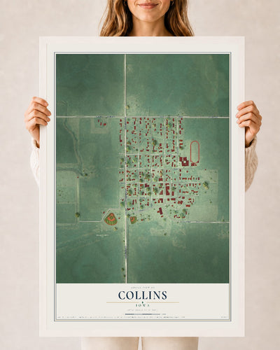 Map of Collins, Iowa, 24 x 36 inch print in a white wood frame