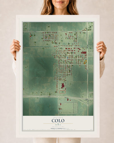 Map of Colo, Iowa, 24 x 36 inch print in a white wood frame