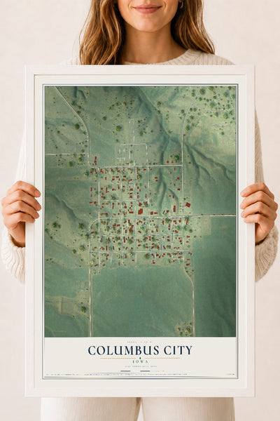 Map of Columbus City, Iowa, 18 x 24 inch print in a white wood frame