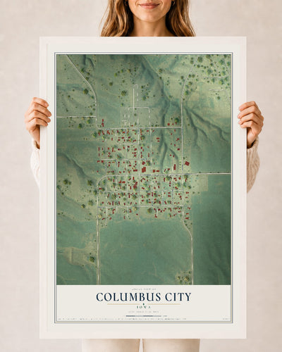 Map of Columbus City, Iowa, 24 x 36 inch print in a white wood frame