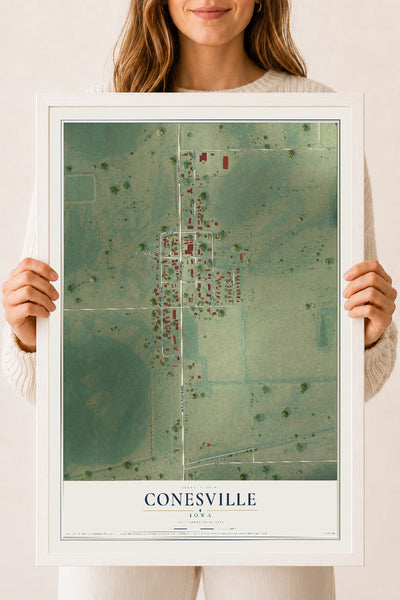 Map of Conesville, Iowa, 18 x 24 inch print in a white wood frame