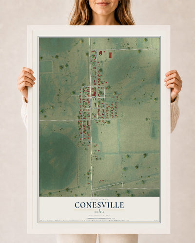 Map of Conesville, Iowa, 24 x 36 inch print in a white wood frame