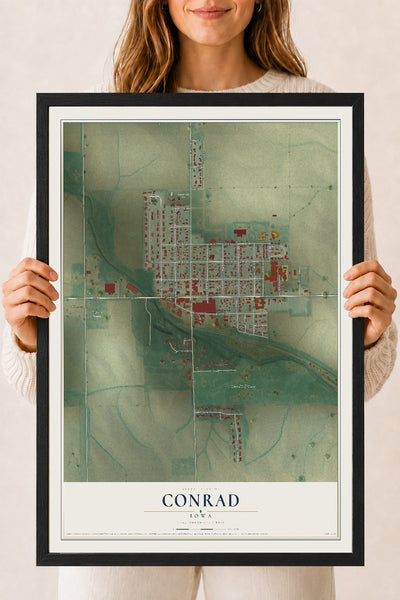Map of Conrad, Iowa, 18 x 24 inch print in a black wood frame