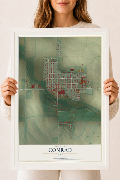 Map of Conrad, Iowa, 18 x 24 inch print in a white wood frame