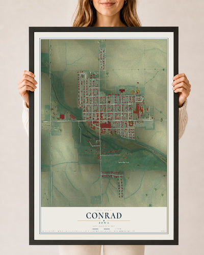 Map of Conrad, Iowa, 24 x 36 inch print in a black wood frame