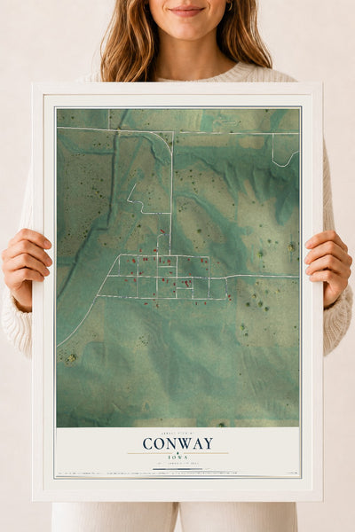 Map of Conway, Iowa, 18 x 24 inch print in a white wood frame