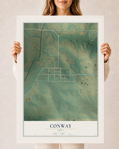 Map of Conway, Iowa, 24 x 36 inch print in a white wood frame