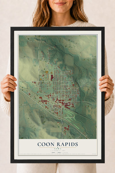 Map of Coon Rapids, Iowa, 18 x 24 inch print in a black wood frame