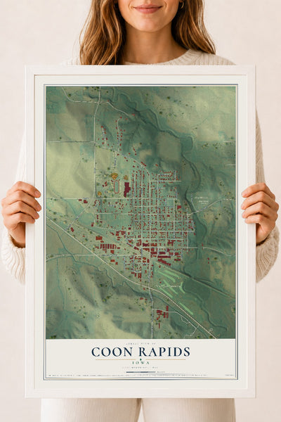 Map of Coon Rapids, Iowa, 18 x 24 inch print in a white wood frame