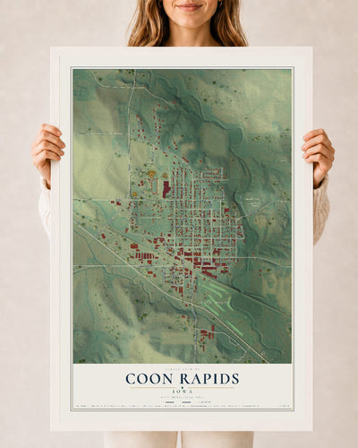 Map of Coon Rapids, Iowa, 24 x 36 inch print in a white wood frame