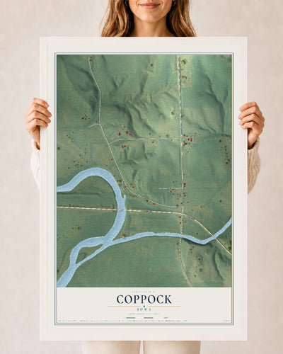 Map of Coppock, Iowa, 24 x 36 inch print in a white wood frame