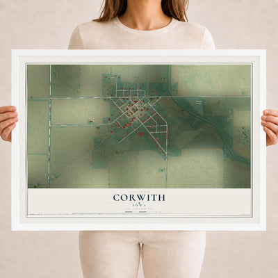 Map of Corwith, Iowa, 18 x 24 inch print in a white wood frame