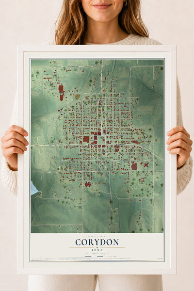 Map of Corydon, Iowa, 18 x 24 inch print in a white wood frame