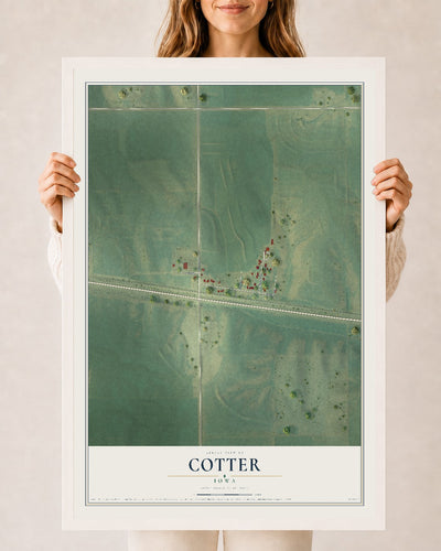 Map of Cotter, Iowa, 24 x 36 inch print in a white wood frame