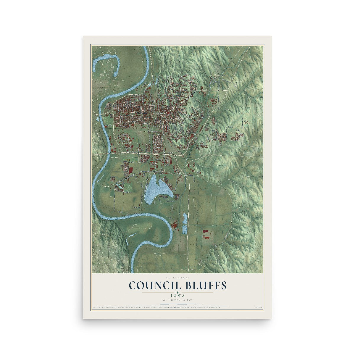 Map of Council Bluffs, Iowa, 12 x 18 inch unframed archival matte print