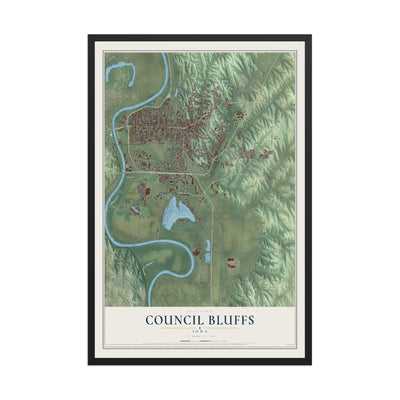 Map of Council Bluffs, Iowa, 12 x 18 inch print in a black wood frame