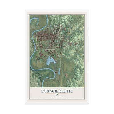 Map of Council Bluffs, Iowa, 12 x 18 inch print in a white wood frame