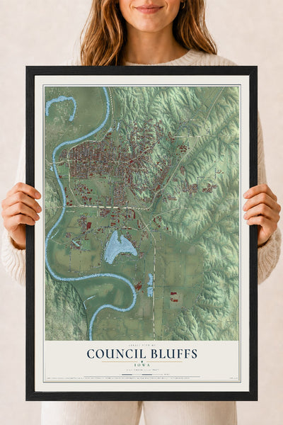 Map of Council Bluffs, Iowa, 18 x 24 inch print in a black wood frame