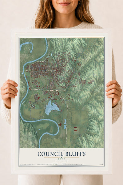 Map of Council Bluffs, Iowa, 18 x 24 inch print in a white wood frame