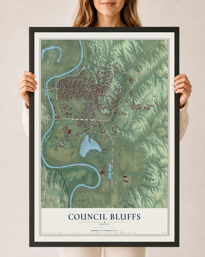 Map of Council Bluffs, Iowa, 24 x 36 inch print in a black wood frame