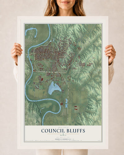 Map of Council Bluffs, Iowa, 24 x 36 inch print in a white wood frame