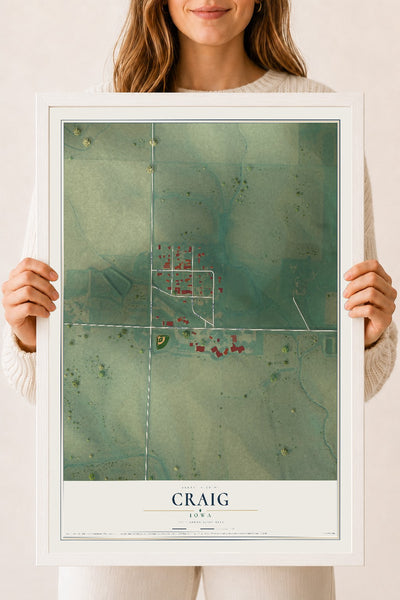 Map of Craig, Iowa, 18 x 24 inch print in a white wood frame