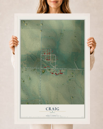 Map of Craig, Iowa, 24 x 36 inch print in a white wood frame