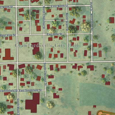 Close-up of the map of Crawfordsville, Iowa print showing street and building detail